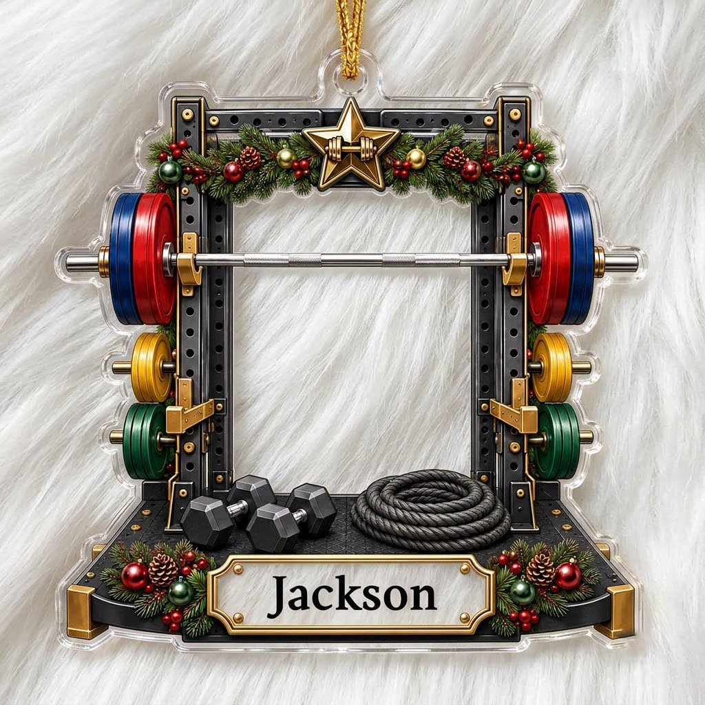 A squat rack-shaped acrylic ornament with garland, barbell, dumbbells, and a photo cutout above a name plaque.