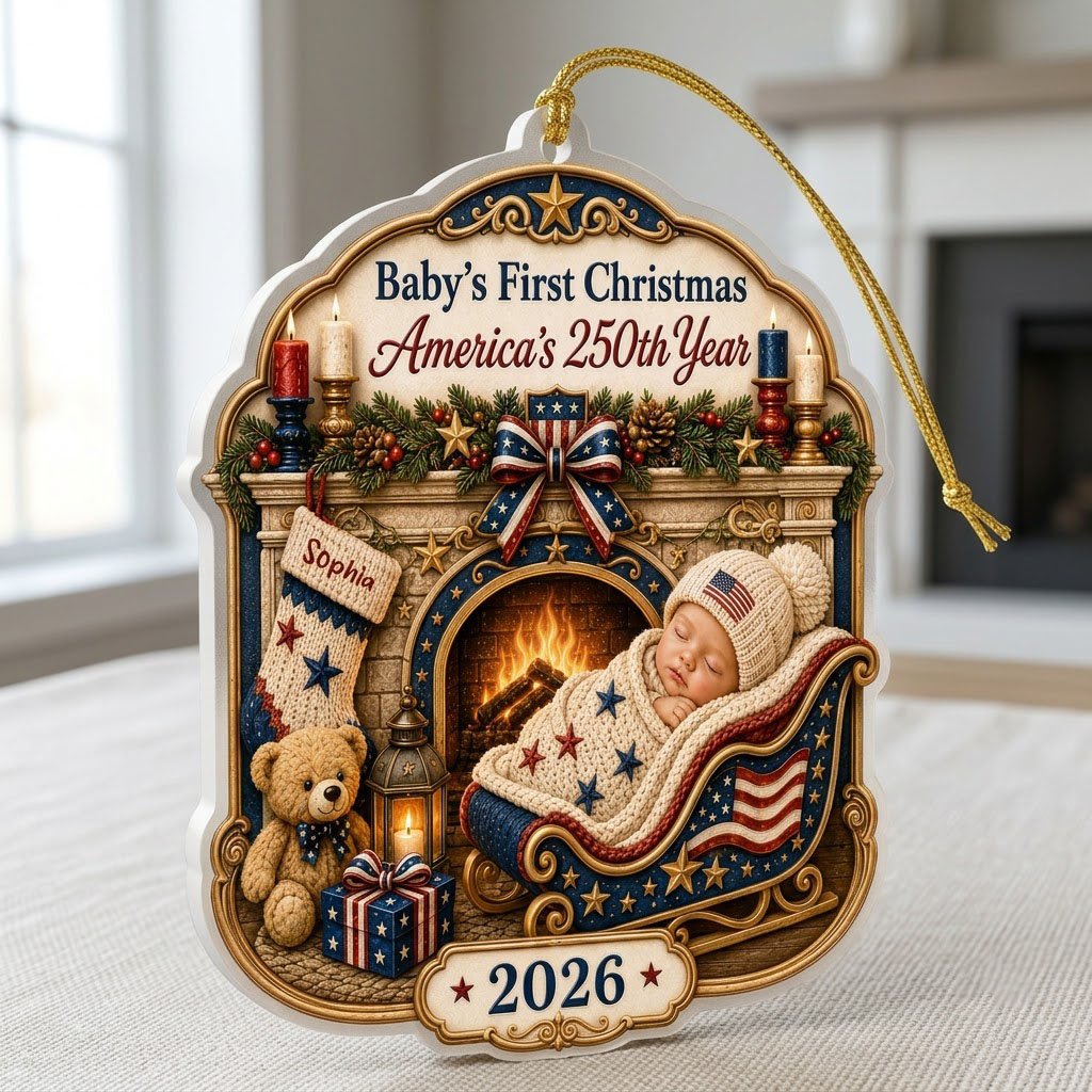 Personalized America 250th Baby's First Christmas Fireplace Acrylic Ornament, Custom Patriotic Newborn Keepsake