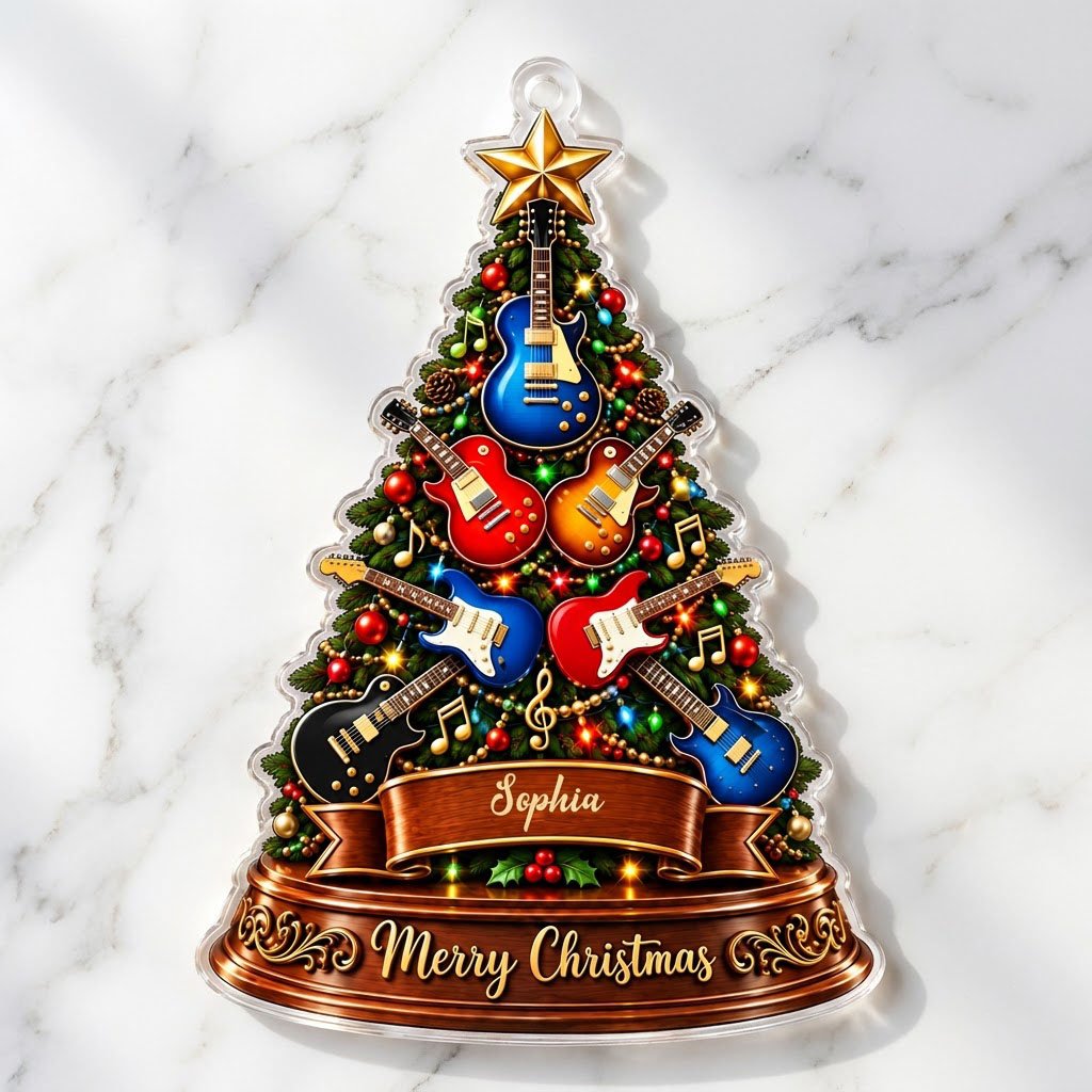 Green tree-shaped acrylic ornament with electric guitars, gold music notes, a name banner, and a gold star topper.