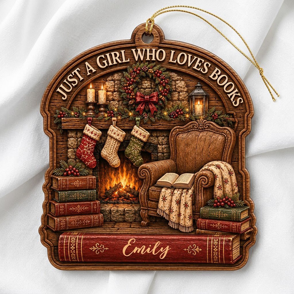 Wood ornament with fireplace, wreath, stockings, armchair and books, plus 'Just a Girl Who Loves Books' and a name.