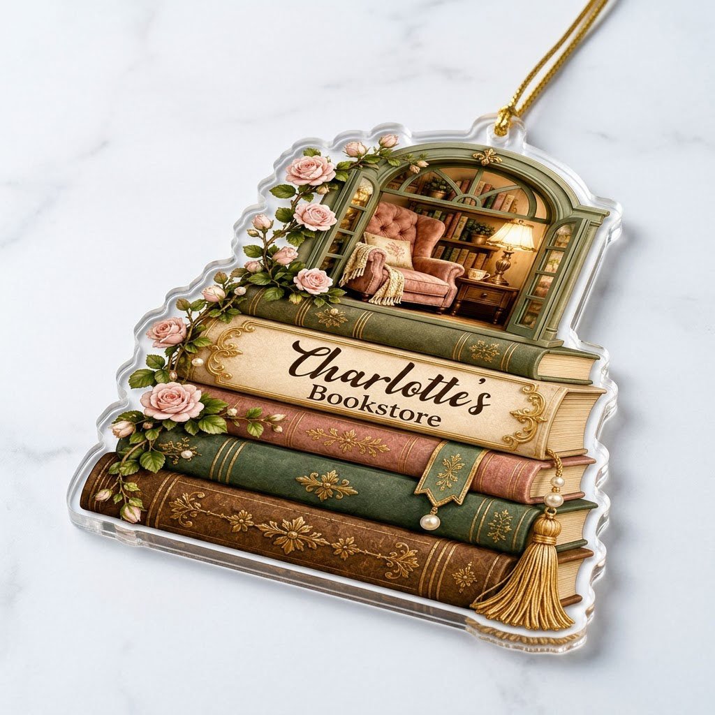 Personalized Stack of Books Reading Nook Acrylic Ornament, Custom Book Lover Keepsake