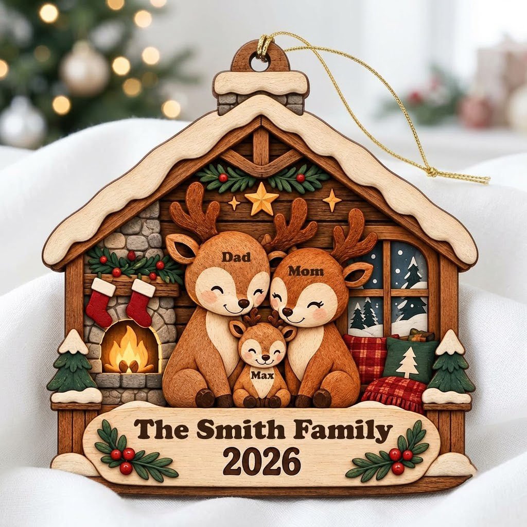 House-shaped wood ornament with deer family by a fireplace and snowy window, personalized with names and year.