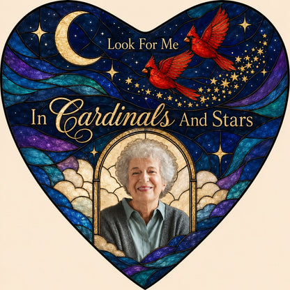 Heart-shaped stained glass suncatcher with night sky, moon, stars, two red cardinals, and a golden photo frame.