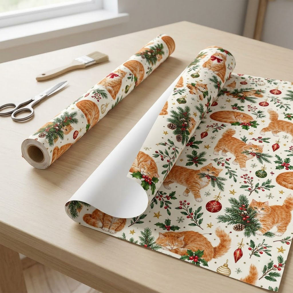 Cream gift wrap with ginger tabby cats, red and gold ornaments, pine boughs, berries and stars in a pattern.