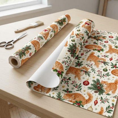 Cream gift wrap with ginger tabby cats, red and gold ornaments, pine boughs, berries and stars in a pattern.