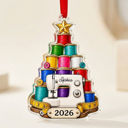 Personalized Sewing Tree Acrylic Ornament, Custom Seamstress Quilter Christmas Keepsake