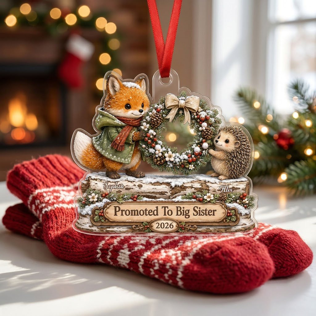 Acrylic ornament with a fox and hedgehog holding a wreath above a wood-style name banner with snowy accents.