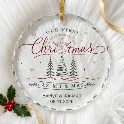 Personalized Our First Christmas as Mr & Mrs Doves and Trees Round Glass Ornament