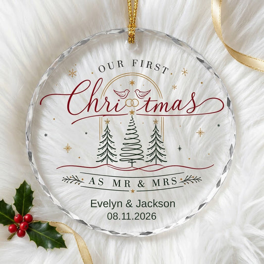 Personalized Our First Christmas as Mr & Mrs Doves and Trees Round Glass Ornament