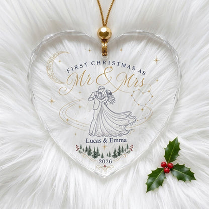 Personalized First Christmas as Mr & Mrs Dancing Couple Heart Glass Ornament