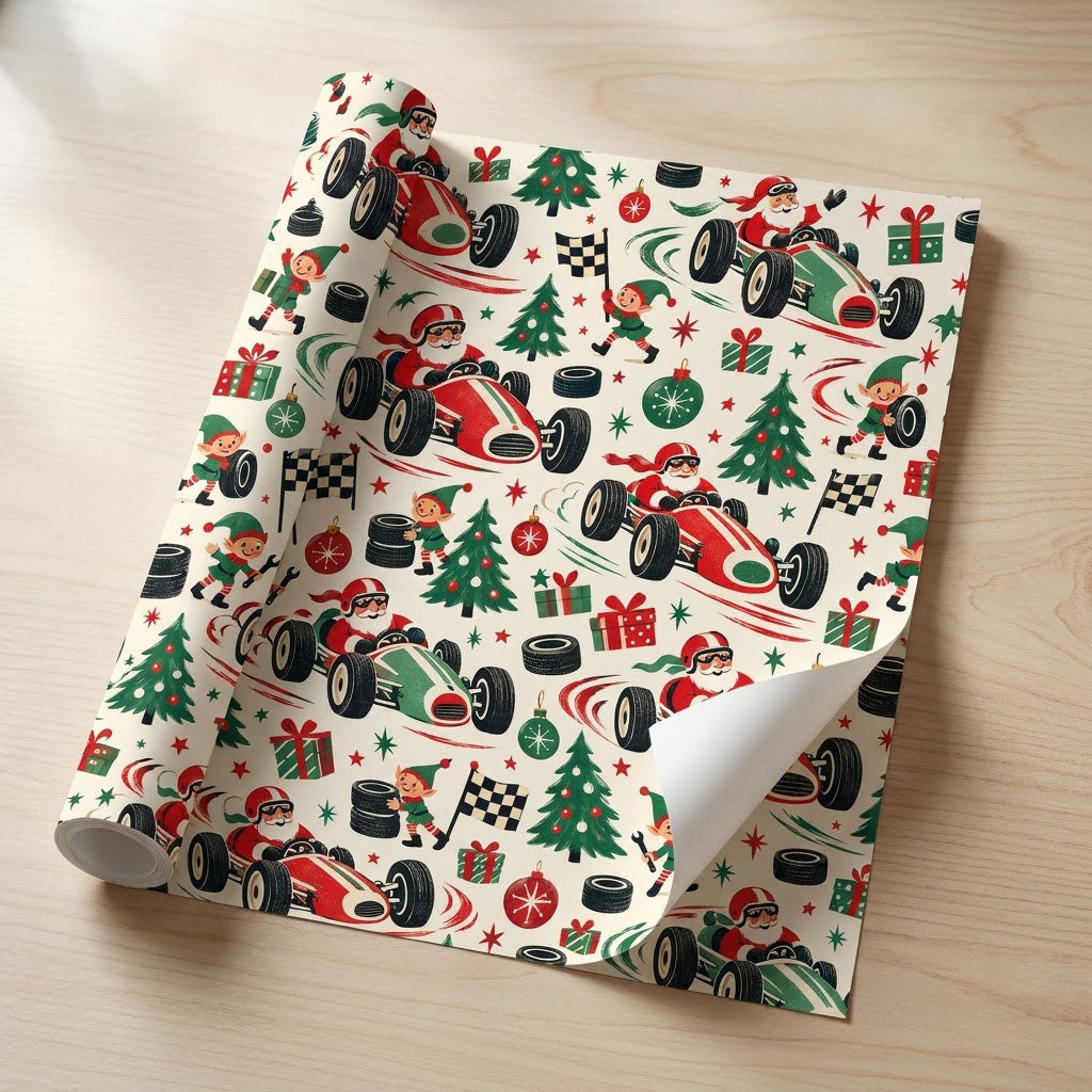 Cream wrapping paper with Santa driving vintage race cars, elves with tools and flags, trees, gifts, tires, and stars.