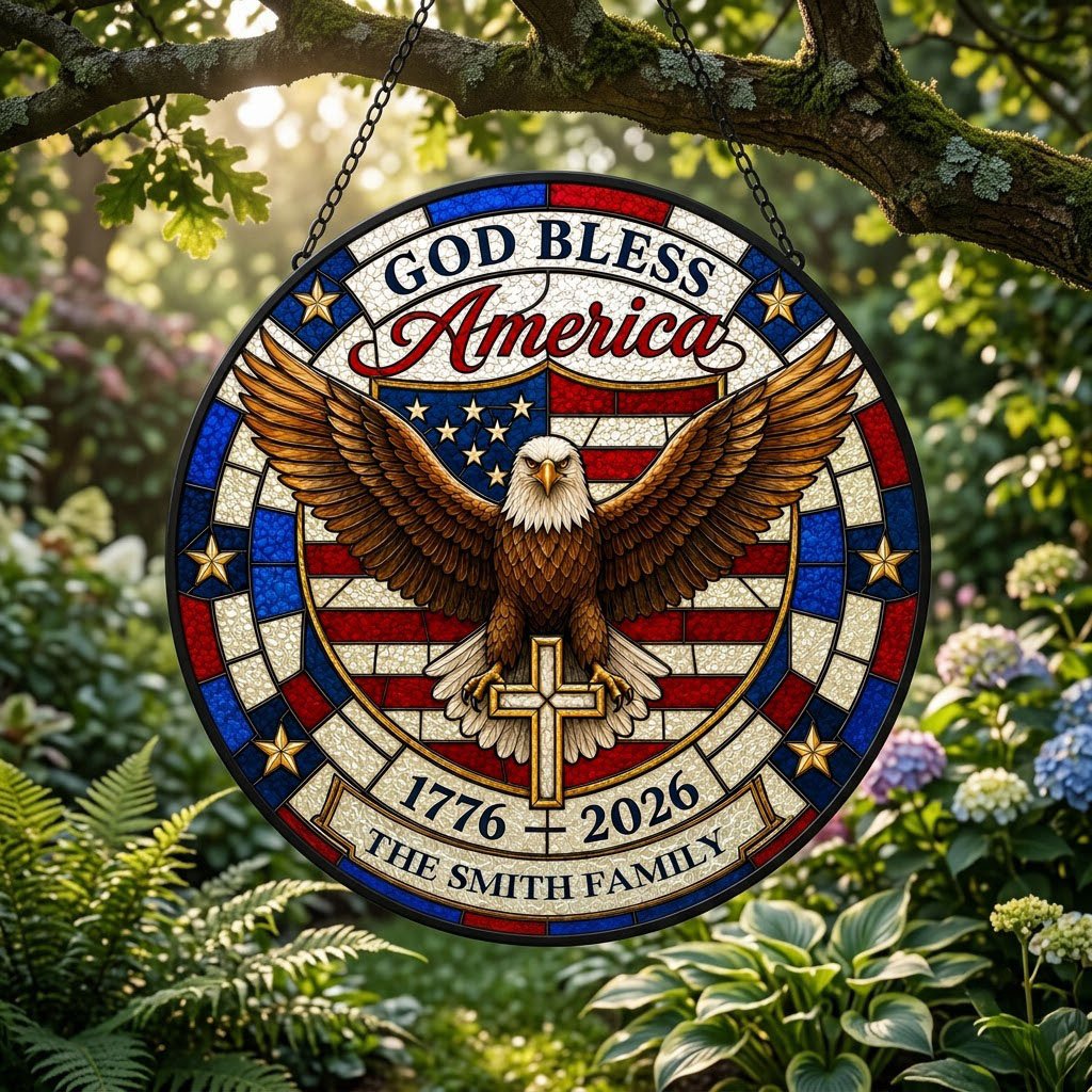 Round stained glass-look suncatcher with a bald eagle over a gold cross and an American flag shield with family name.