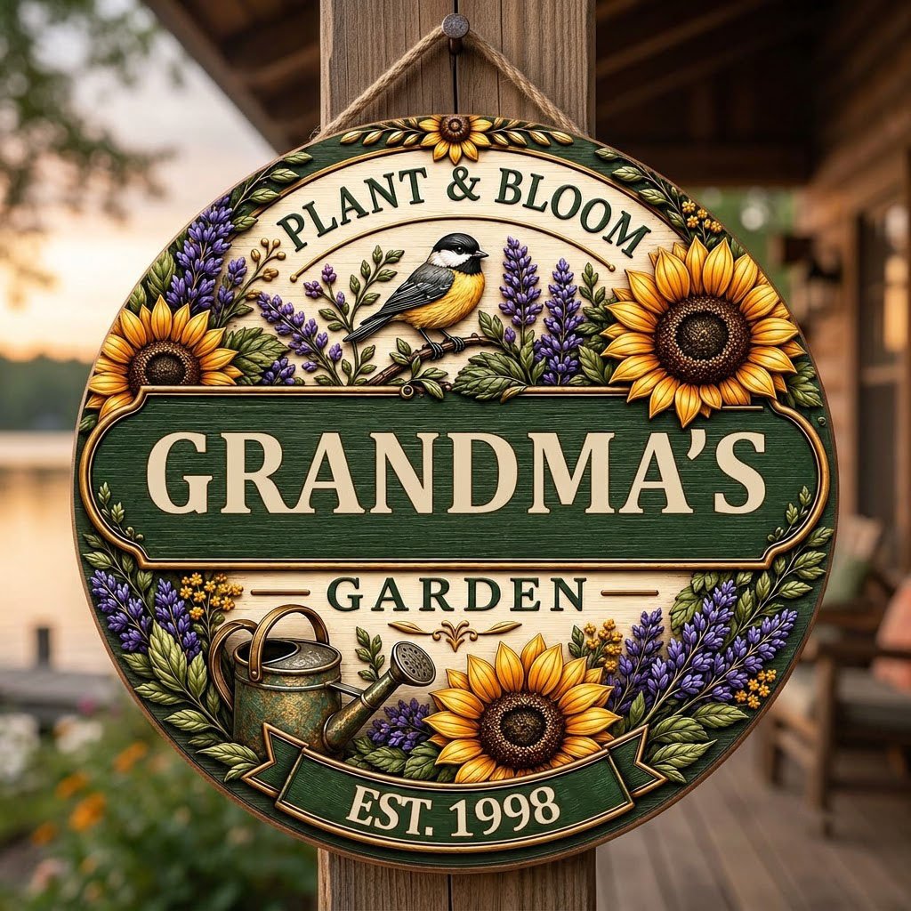 Round wooden sign with sunflowers, lavender, a chickadee, and green banners reading PLANT & BLOOM and GARDEN.