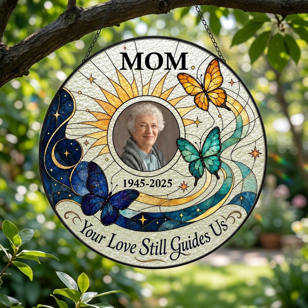 Round stained glass-style suncatcher with a photo frame, three butterflies, a crescent moon, sunburst rays and a banner 