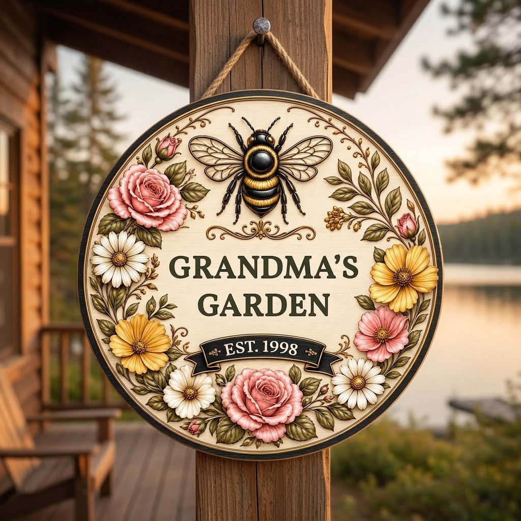 Round wooden sign with 'GRANDMA'S GARDEN', a gold-and-black bee, floral wreath, and EST. year on a light wood background