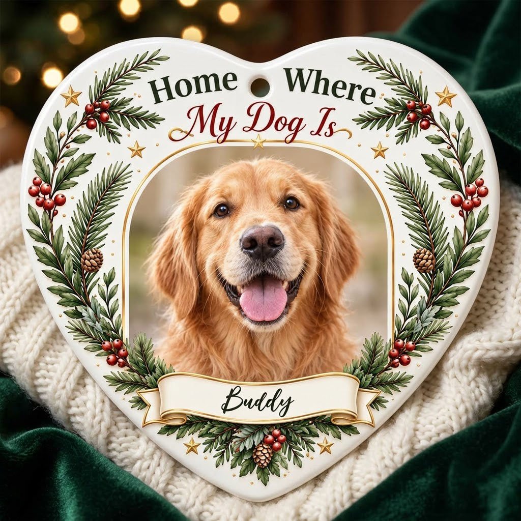 Heart ceramic ornament with gold arched dog photo frame, pine greenery, holly berries, and 'Home Where My Dog Is'.