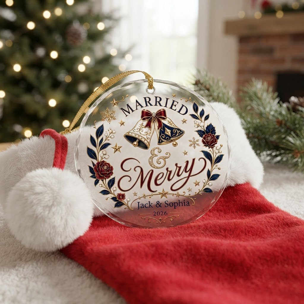 Round faceted glass ornament with two wedding bells, navy floral wreath, gold stars, and 'MARRIED' with names and year.