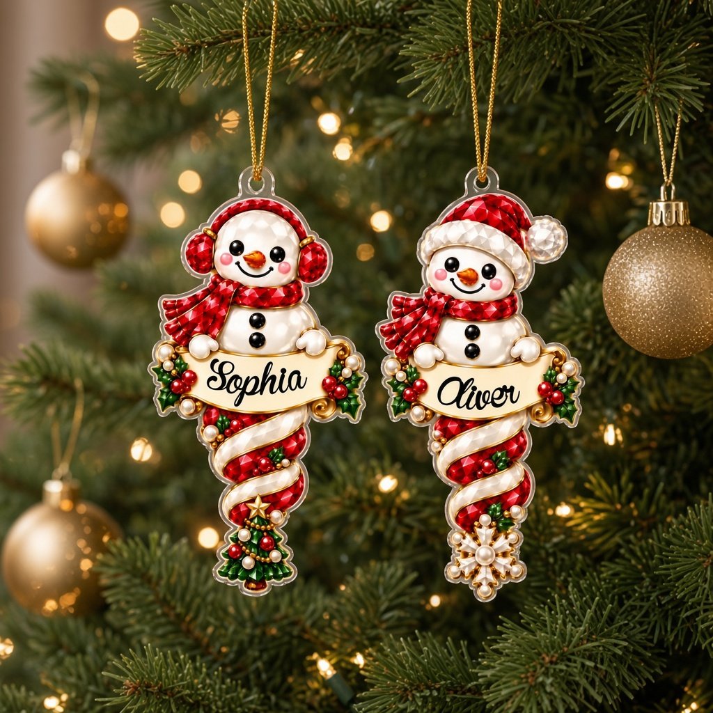Custom-cut acrylic snowman ornaments with red scarves and scroll banners personalized with a child's name.