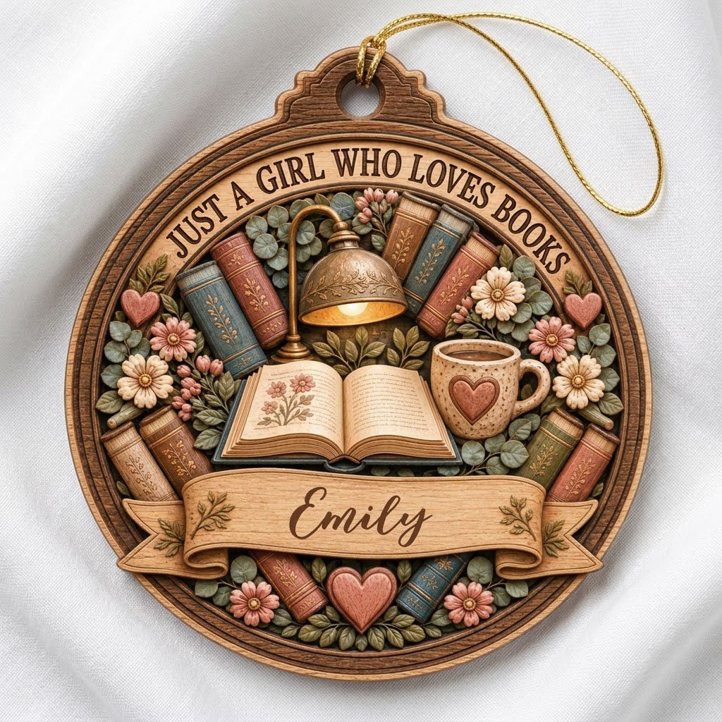 Round wood ornament with faux carved open book, glowing lamp, heart mug, stacked books, flowers, and a personalized name