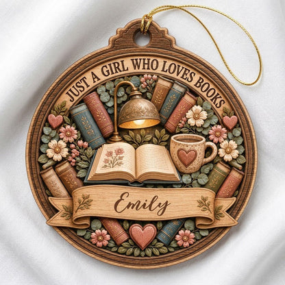 Round wood ornament with faux carved open book, glowing lamp, heart mug, stacked books, flowers, and a personalized name