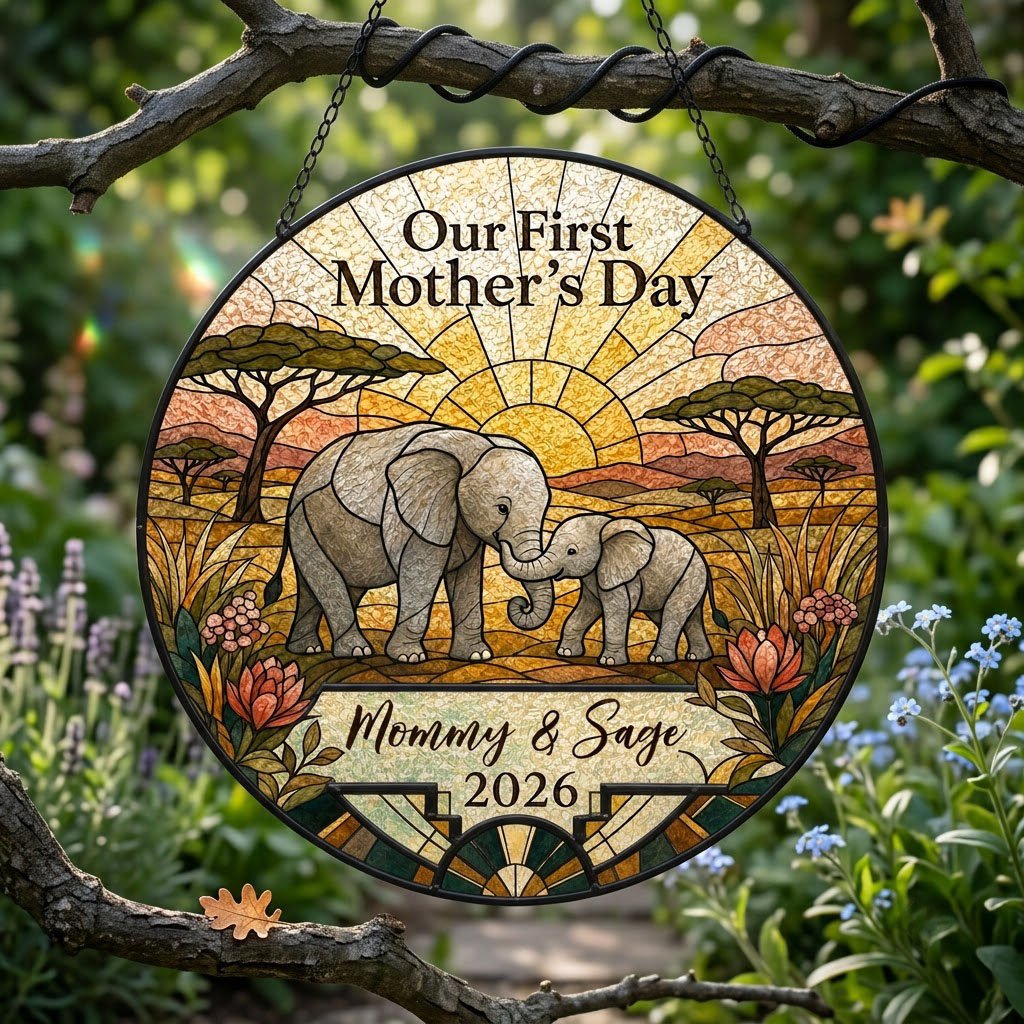 Stained glass-style mother and baby elephants at sunrise with 'Our First Mother's Day' text.