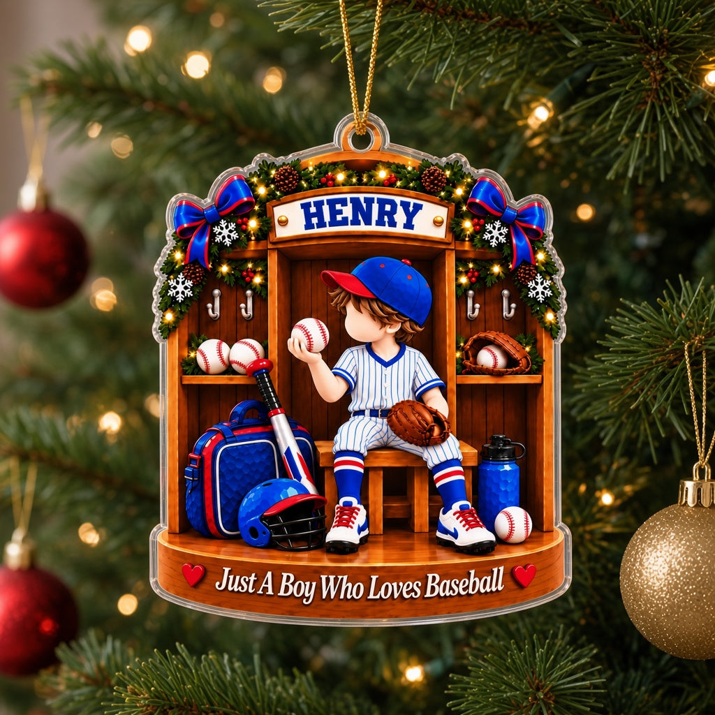 Acrylic ornament showing a boy in a blue pinstriped baseball uniform inside a garland-decorated wooden locker.