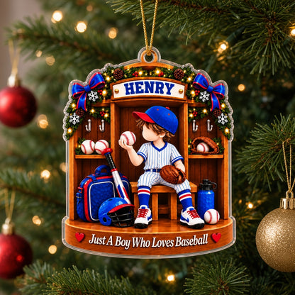 Acrylic ornament showing a boy in a blue pinstriped baseball uniform inside a garland-decorated wooden locker.