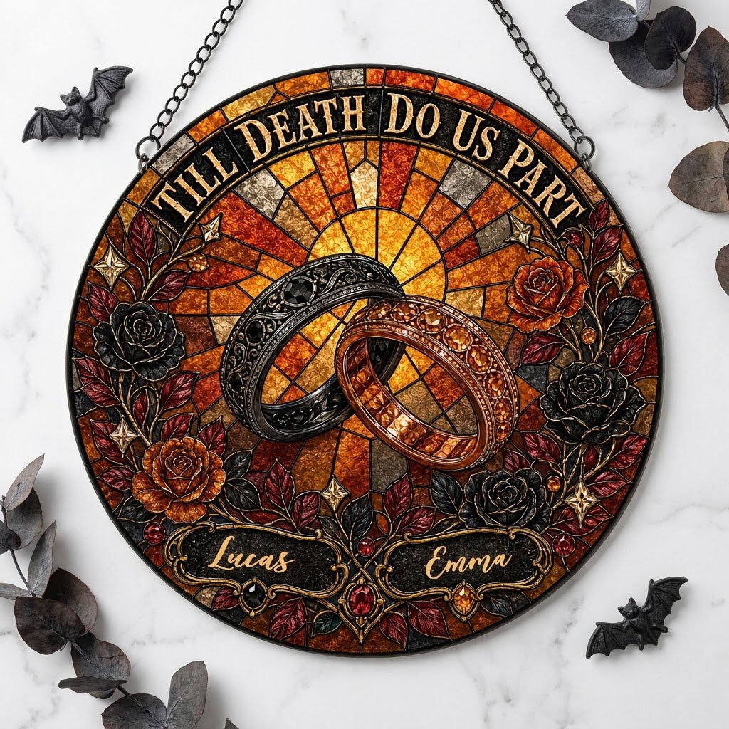 Personalized Gothic Wedding Rings Till Death Do Us Part Stained Glass Round Suncatcher
