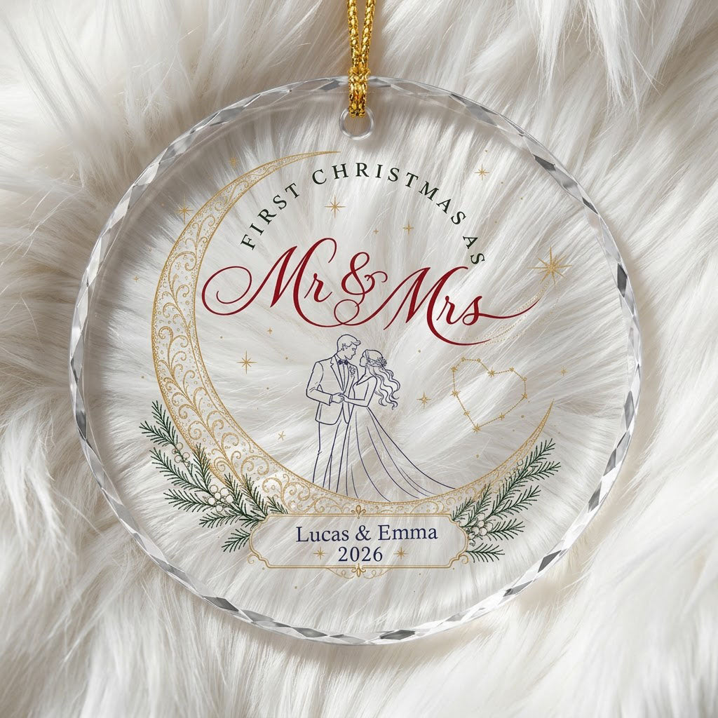 Personalized First Christmas as Mr & Mrs Crescent Moon Round Glass Ornament
