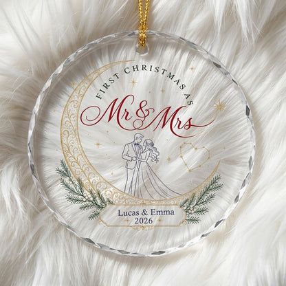 Personalized First Christmas as Mr & Mrs Crescent Moon Round Glass Ornament