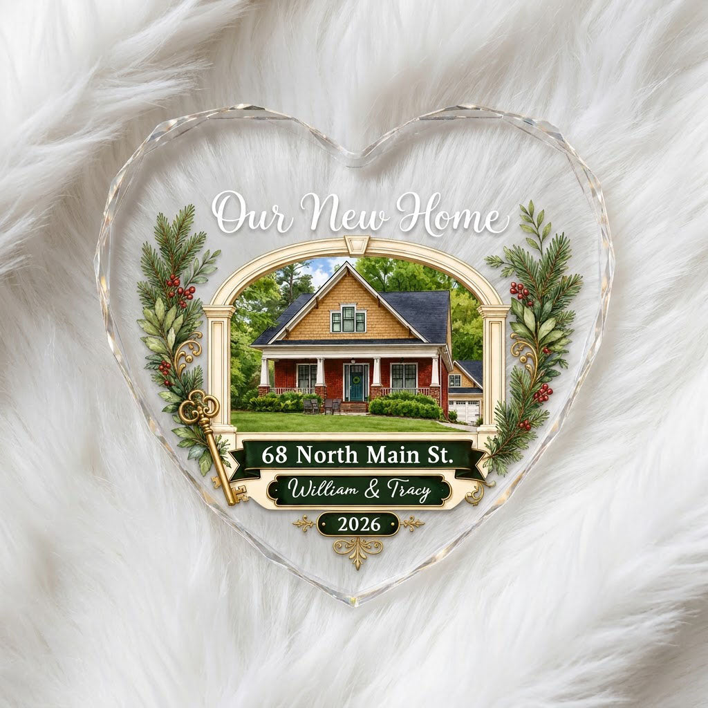 Heart glass ornament with archway, brick and yellow house, pine branches, gold key, and 'Our New Home' text.