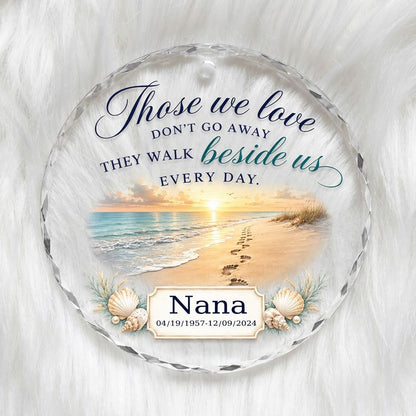 Personalized Beach Footprints Memorial Those We Love Beside Us Round Glass Ornament