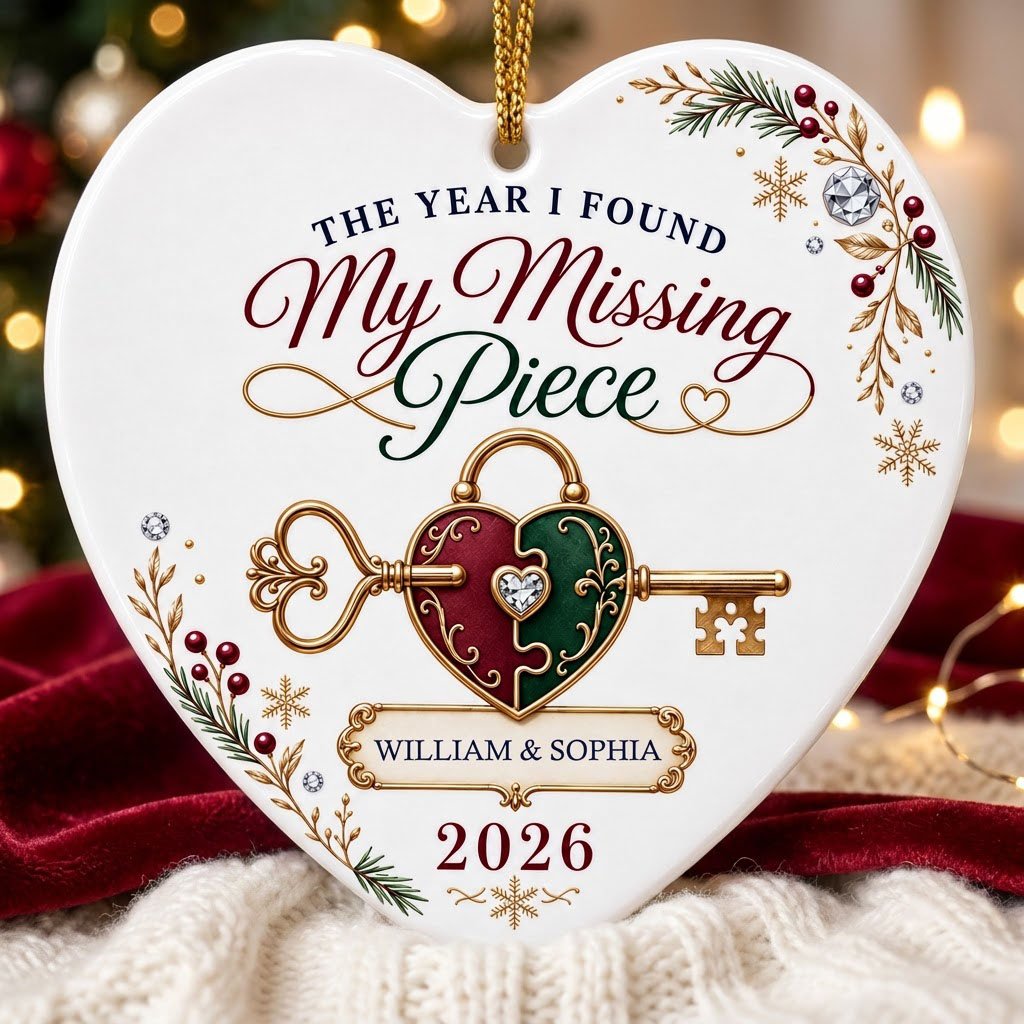 Heart ceramic ornament with a gold key through a burgundy and green heart lock, pine sprigs, berries, and gold snowflake