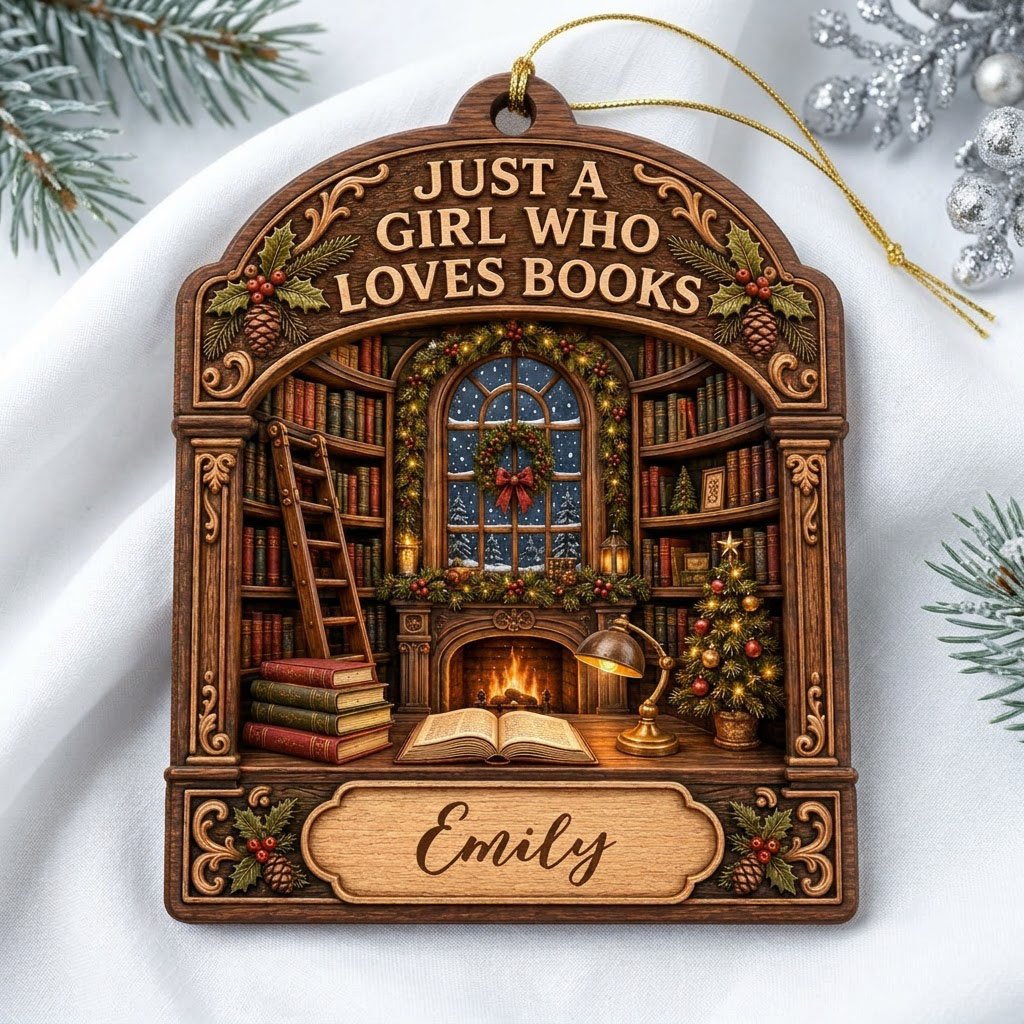 Arch wood ornament with library scene, bookshelves, ladder, fireplace, and 'Just a Girl Who Loves Books' text.