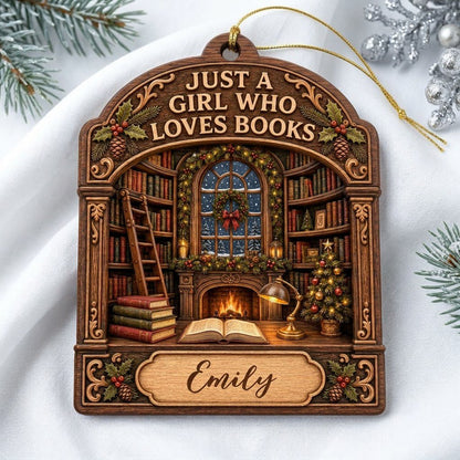 Arch wood ornament with library scene, bookshelves, ladder, fireplace, and 'Just a Girl Who Loves Books' text.
