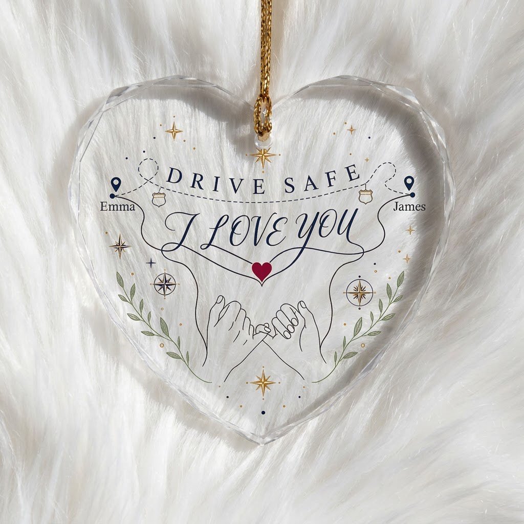 Heart glass ornament showing pinky promise hands, map pins, compass roses, green sprigs, and DRIVE SAFE and I LOVE YOU.