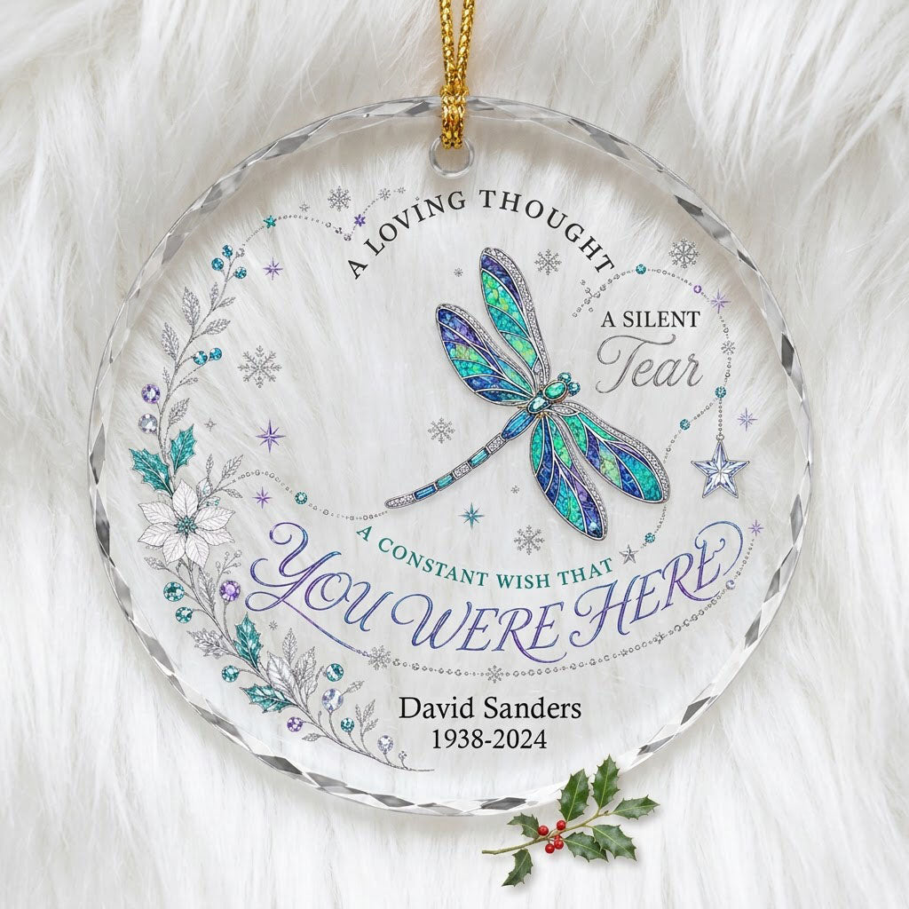 Personalized Dragonfly Memorial You Were Here Round Glass Ornament