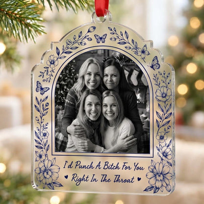 Clear acrylic arch ornament with navy floral border, butterflies, bold quote and a black-and-white friends photo.