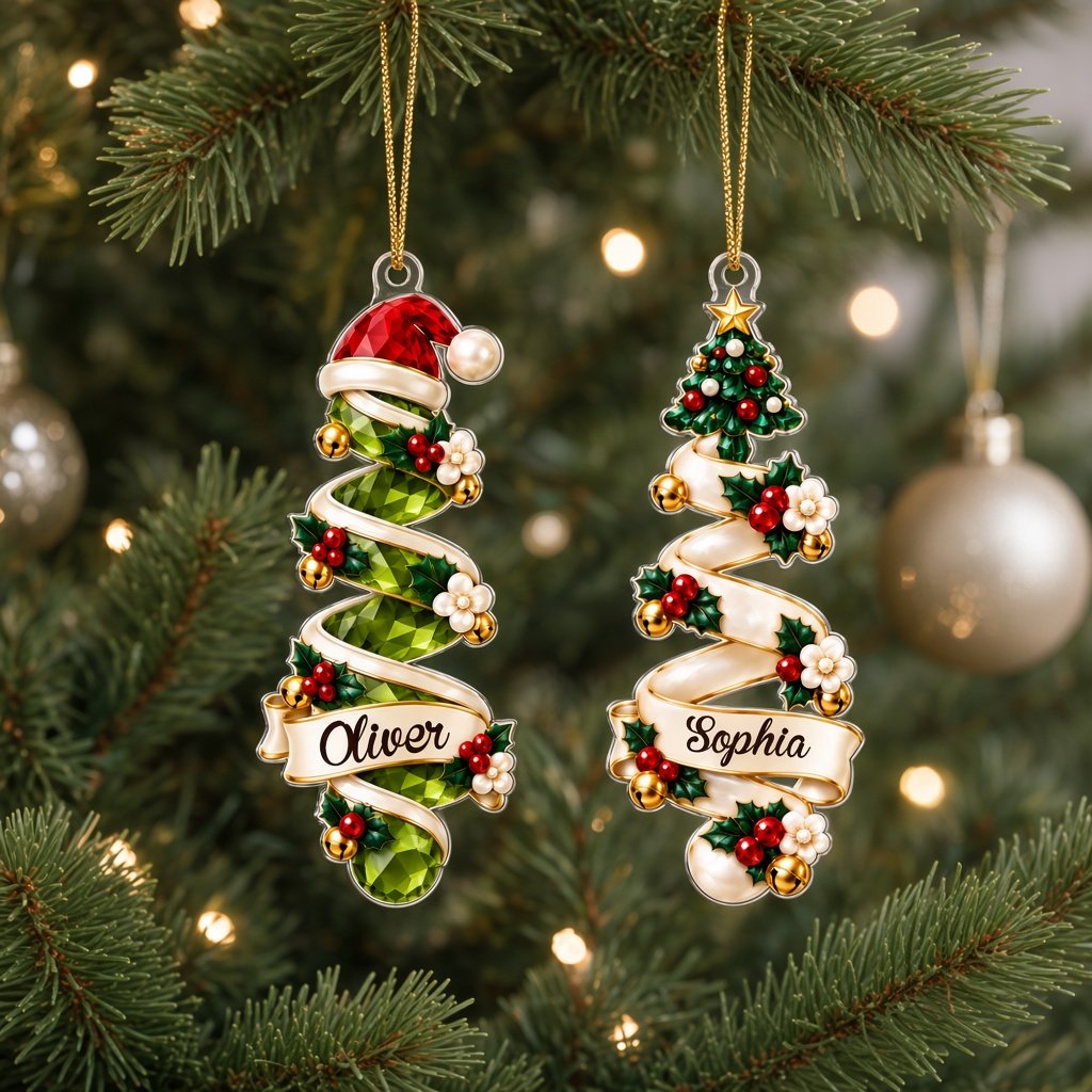 Acrylic ornament shaped around two green gem-style Christmas trees with holly, berries and names Oliver and Emma.