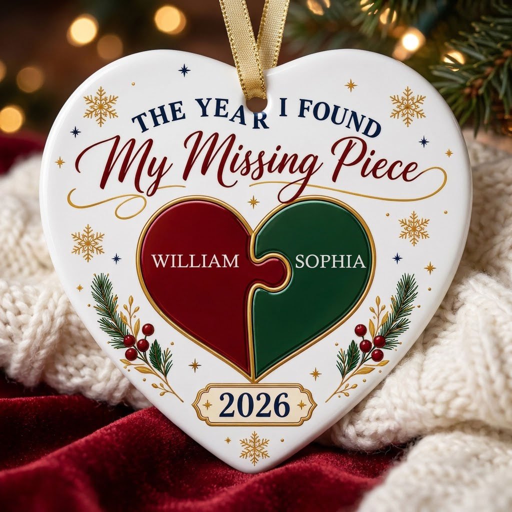 Heart ceramic ornament with red and green interlocking puzzle heart, gold snowflakes and stars, pine sprigs, and custom 