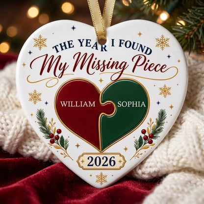 Heart ceramic ornament with red and green interlocking puzzle heart, gold snowflakes and stars, pine sprigs, and custom 