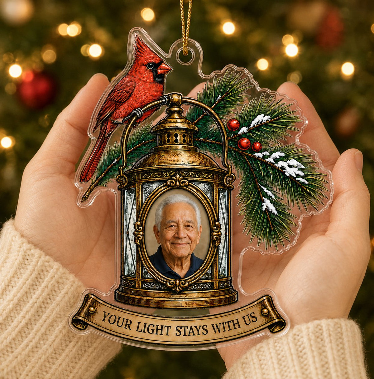 Personalized Memorial Photo Cardinal Lantern Christmas Ornament
