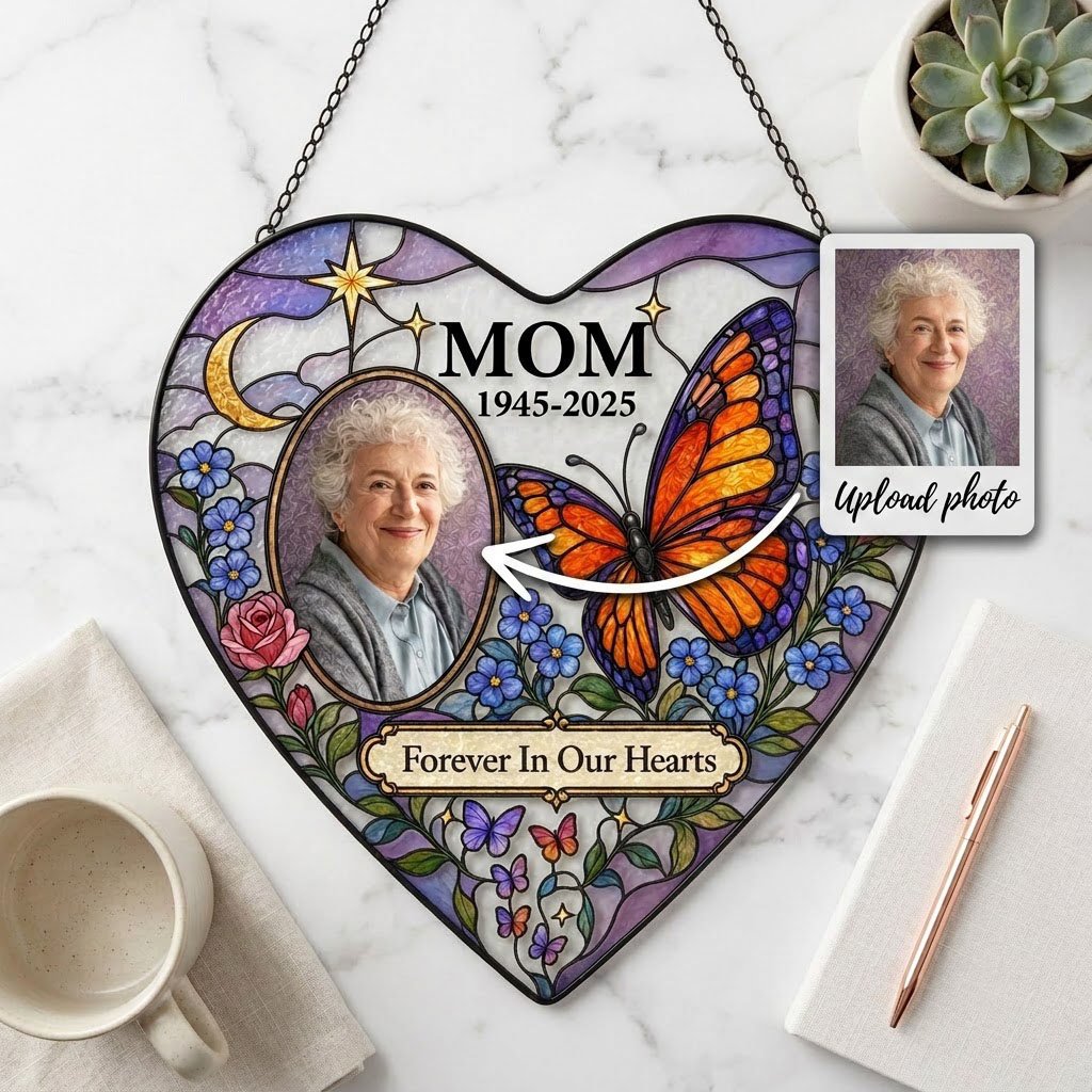 Heart suncatcher with photo oval, Forever In Our Hearts text, butterfly, moon, roses and forget-me-nots.
