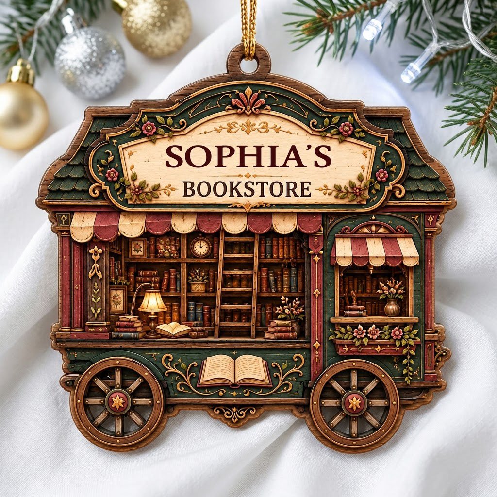 Custom-cut wood ornament shaped like a vintage bookstore wagon with books, ladder, and striped awnings.
