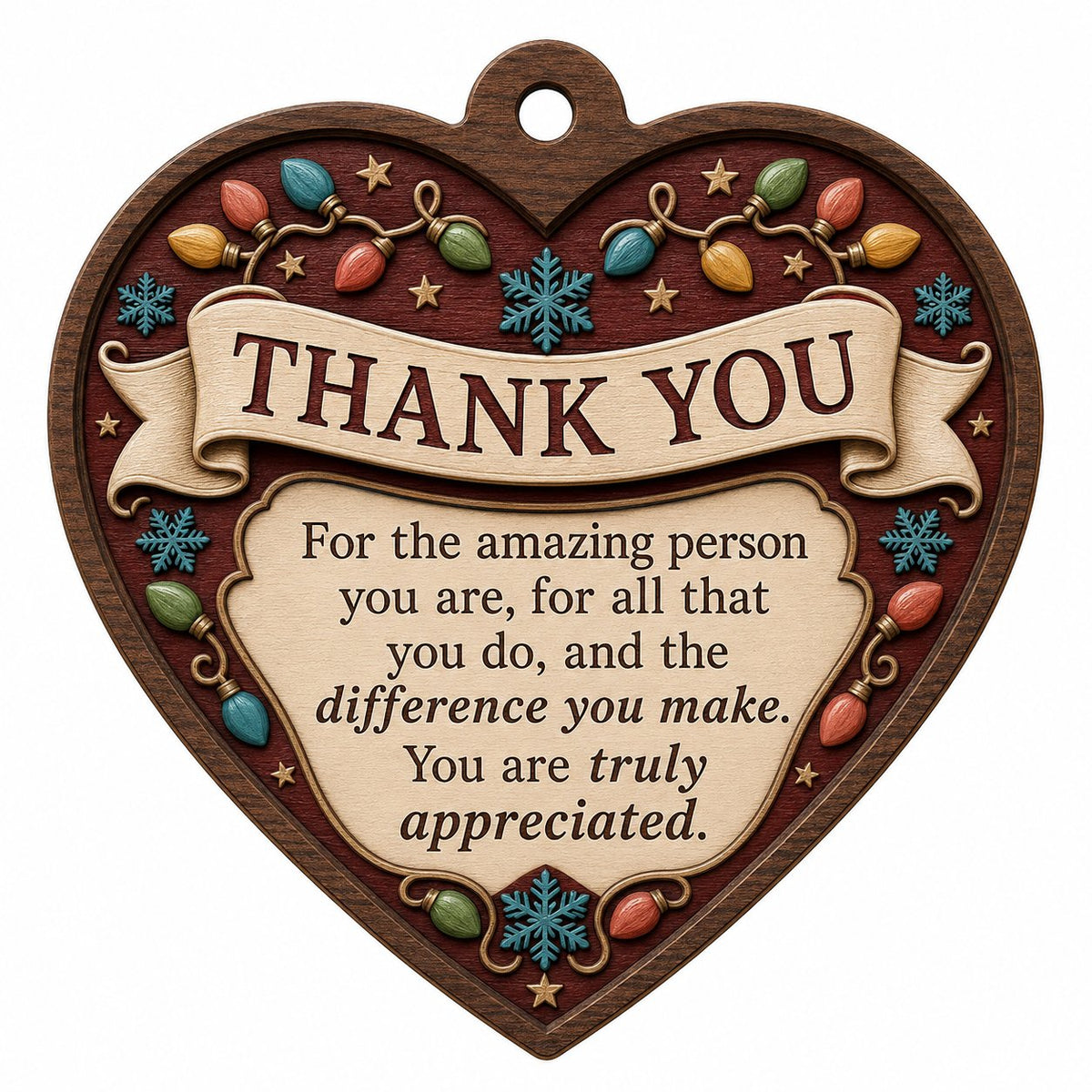 Heart-shaped wood ornament with THANK YOU message, string lights, snowflakes and stars on a burgundy background.