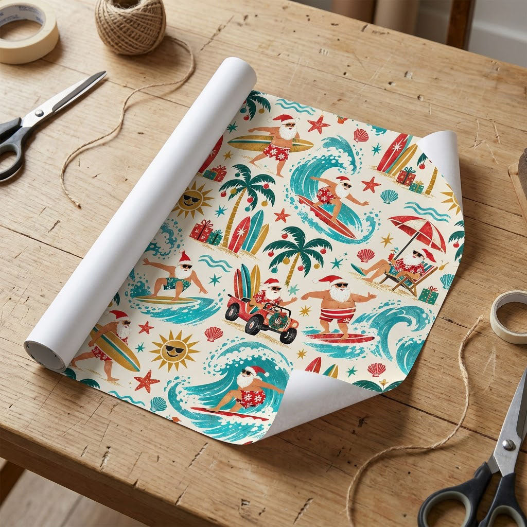 Wrapping paper with surfing Santa, red jeep, palm trees with ornaments, suns in sunglasses, starfish, seashells.