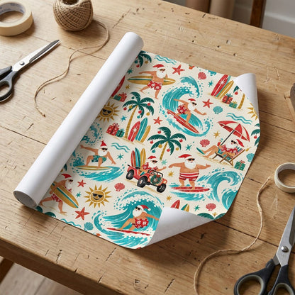 Wrapping paper with surfing Santa, red jeep, palm trees with ornaments, suns in sunglasses, starfish, seashells.