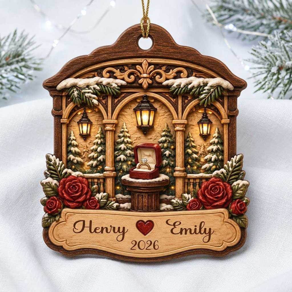Arched wood ornament with three lanterns, pine trees, red roses, and an open ring box on a central pedestal.
