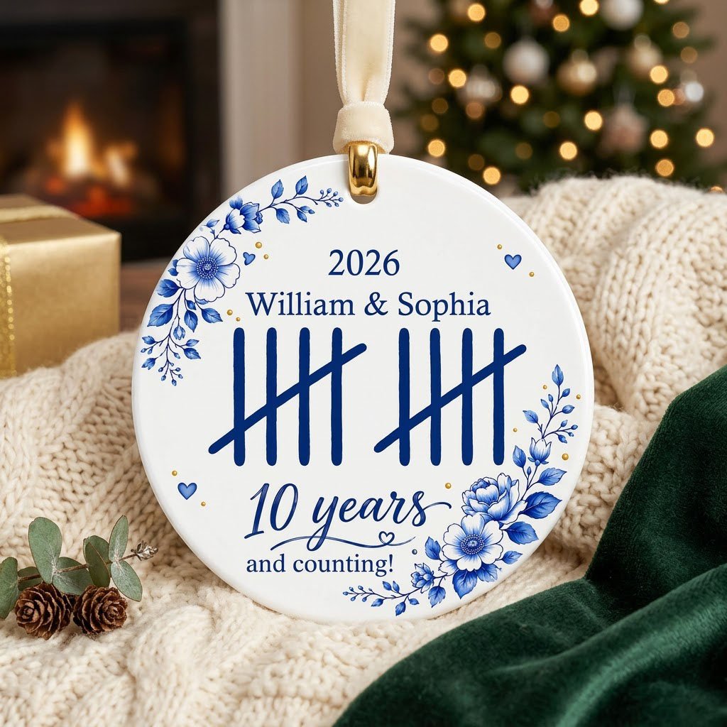 White round ceramic ornament with blue florals, tally marks, and 'years and counting!' plus names and year