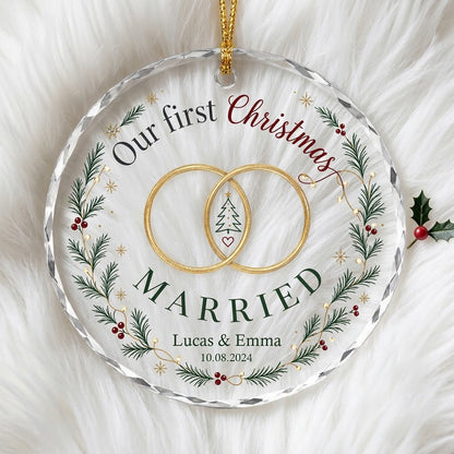 Personalized Our First Christmas Married Wedding Rings Wreath Round Glass Ornament